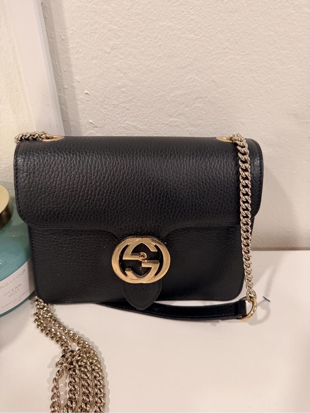 Gucci Black Pebbled Leather Crossbody with Gold Double G Chain